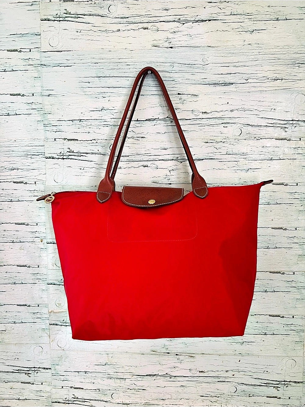 Longchamp Red Tote Bag – Brown Leather Trim – Spacious Everyday Bag - Picture 3 of 16